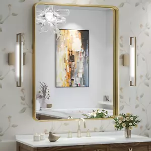 Bathroom Mirror for Wall 24 X 32 Inch Gold Brushed Brass Metal Rounded Corner Re - Picture 1 of 9