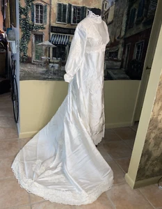 Vintage 70er schwer elfenbein Satin & Spitze Brautkleid Kleid & Kopfschmuck USA Small - Bild 1 von 21