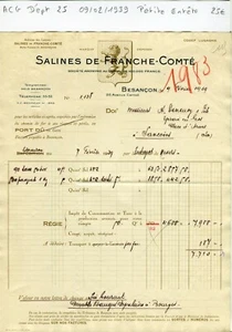 Dépt 25 - Besançon 20 Av. Carnot - Petite Entête Salines de Franche Comté 1939 - Picture 1 of 1