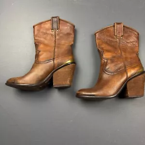 Lucky Brand Womens Leather Western Boots Size 7M Brown Chunky Heel Pull-On Ankle - Picture 1 of 18