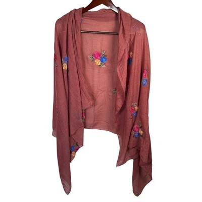 Floral Embroidered Scarf Shawl Wrap Stole Linen Cotton Blend Lightweight Soft - Image 1 of 4