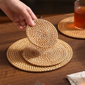 Weave Rattan Round Placemats Thickened Insulation Cup Mat Dining Table Mats - Picture 1 of 15
