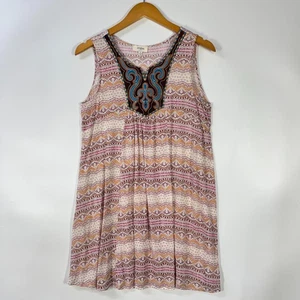 Umgee Women's Swing Dress Medium Tan Embroidered Sleeveless Embellished Boho - Picture 1 of 8