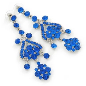 Long Sapphire Blue Austrian Crystal Chandelier Earrings In Rhodium Plating - - Picture 1 of 4