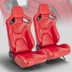 2 Pack Car Bucket Racing Seats Sliders Reclinable Red PVC Leather Red Stitch - Picture 1 of 12