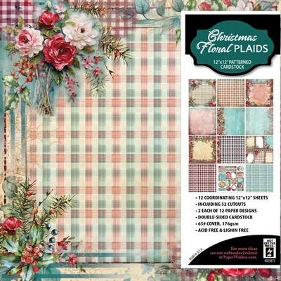Christmas Flowers Plaids 12x12 Patterned Cardstock floral Holiday Scrapbooking - Image 1 of 2