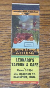 DAVENPORT, IOWA CUBIERTA DE MATCHBOOK: LEONARD'S TAVERN & CAFÉ 1940S MATCHCOVER -A - Imagen 1 de 1