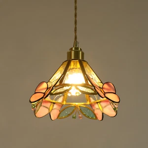 Mini Pink Butterfly Pendant Light 8.6 Inches Wide Stained Glass Hanging Lamp - Picture 1 of 17