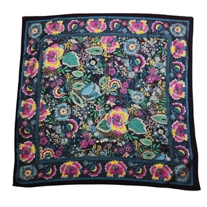 Vintage Black Pink Floral Scarf L Bandana Colorful Pattern Graphic Handkerchief - Picture 1 of 6