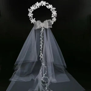 White Bridal Wreath Veils Headdress Petals Bow Vine Pearl Party Wedding Veils - Picture 1 of 8