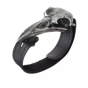 Pulsera Calavera Cuervo Peltre/Cuervo Cuero Negro Correa Muñeca Alquimia Gótica 1977 - Imagen 1 de 4