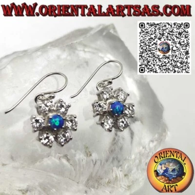 Orecchini in argento  925 ‰  con opale blu rotondo contornato da zirconi - Immagine 1 di 4