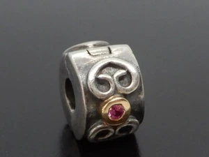 Pandora St.Silver with 14K Gold and Pink Sapphire Double Heart Clip 790382PSA - Picture 1 of 12