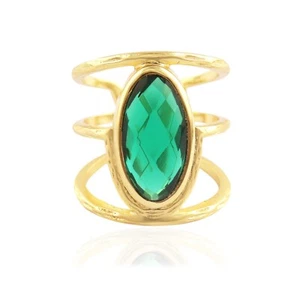 Green Emerald Quartz Three Layer Ring Oval Shape Collet Setting Adjustable Ring - Picture 1 of 2