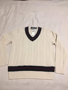Neu Vintage Polo Ralph Lauren Herren Alpaka Wolle Grobstrick Zopfmuster Pullover Elfenbein L - Bild 1 von 15