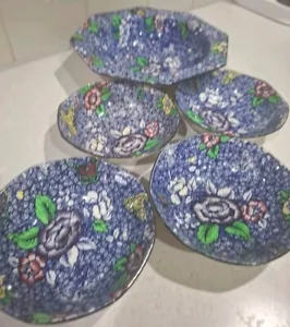 Royal Doulton Antique Octagonal Bowls 1 Serving & 4 Small,Blue Floral Butterfly - Picture 1 of 13