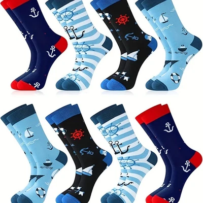 8 Pairs Sailing Socks for Men Boat Nautical Cotton Crew Socks Cruise Navy Gift - Image 1 of 4