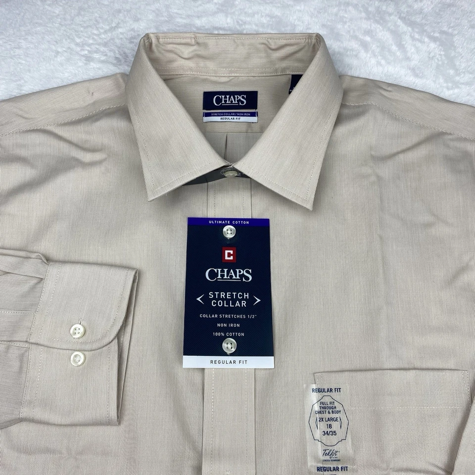 Camisa de vestir Chaps para hombre 18 34/35 beige ajuste regular cuello elástico sin plancha nueva con etiquetas Foto 1 de 4