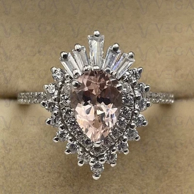 Anillo de oro blanco sólido de 14 k 100 % real morganita natural y diamantes talla pera de 6,50 quilates Foto 1 de 4