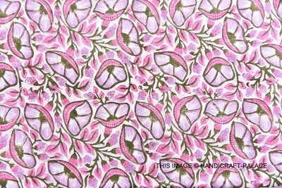 3 Yard Floral Hand Block Print Beautiful Indian Pure Cotton Fabric By Craft Pink - Image 1 of 3