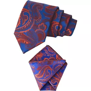 Men's Paisley Necktie Floral Handkerchief Hankie Set Stylish Neck Tie Blue Brown - Picture 1 of 7