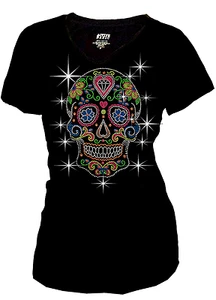 Bling Bling Sugar Skull Strass T-Shirt, mit Herz & Neon Nieten S~3XL Kurzarm - Bild 1 von 1