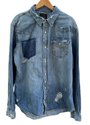 True Religion Ryan Ghost Pocket Denim Western Pearl Snap Shirt 2XL Aftermath - Image 1 of 4