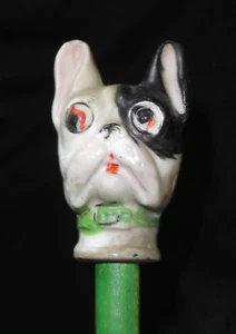 Vintage c 1930’s Carnival Cane ~ Porcelain French Bull Dog Head ~ w/Metal Tip - Picture 1 of 11