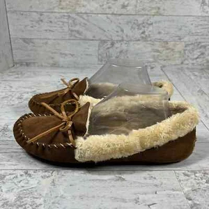 Lucky Brand Aerine Moccassin Slippers Womens 10M Borwn Leather Faux Fur Lined - Picture 1 of 8