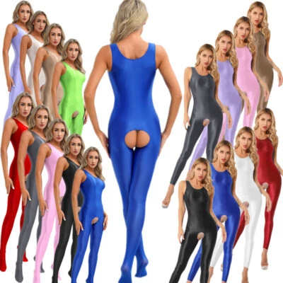 Damen Öl Einteiler Bodys Glanzend Catsuit Jumpsuit Overalls Sportswear Dessous - Bild 1 von 4