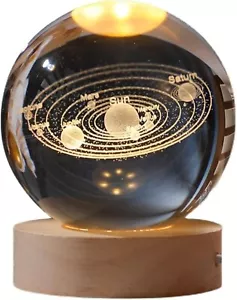 3D Crystal Ball Night Light [Solar System] w/Wood Stand Stars Space Galaxy Lamp - Picture 1 of 3