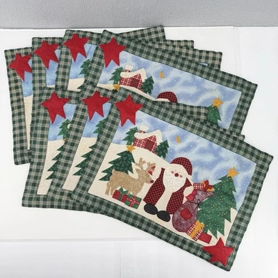 Handmade Quilted Christmas Santa Claus Placemats Set of 7 Applique Green Plaid - Image 1 of 4