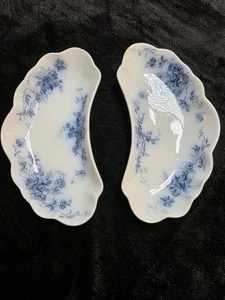 Pair Antique Alfred Meakin Melrose Bone Dishes Blue Floral Crescent 1890s... - Picture 1 of 14
