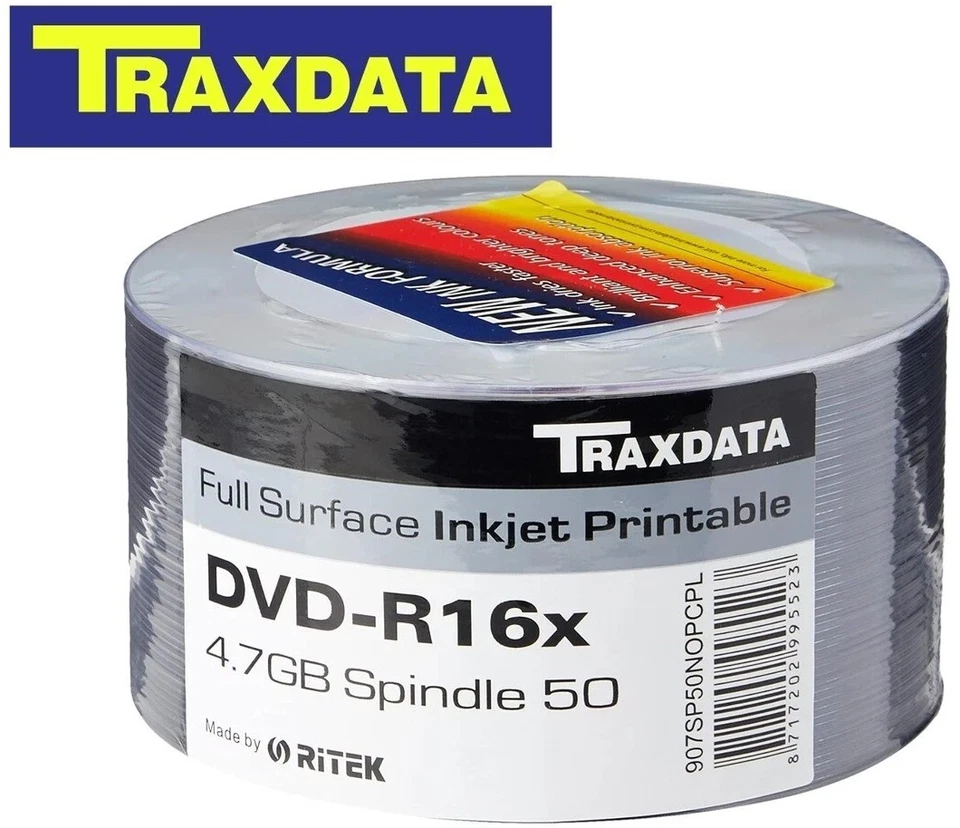 Traxdata Printable DVD-R 16x Discs 4.7 GB 120 mins Ritek Blank DVD Lot UK STOCK - Image 1 of 1
