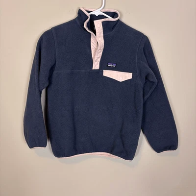 Patagonia Navy Blue with Pink Snap Button Fleece Pullover Sweatshirt Girl's 10 - Image 1 of 4