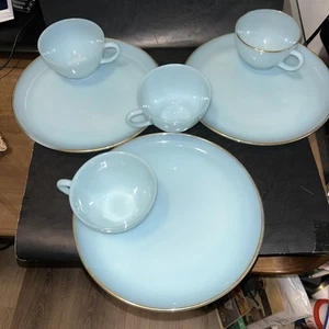 Set of 3 Plates 9” and 4 Teacups FireKing Turquoise Delphite Vintage Lunch - Picture 1 of 11