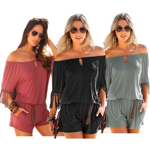 Womens Casual Jumpsuit Off Shoulder tassels Short Sleeve Romper playsuit - Picture 1 of 14