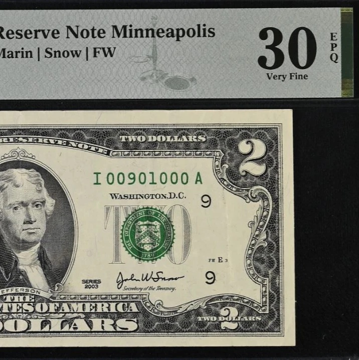 2003 $2 Federal Reserve Note PMG 30EPQ - Fancy Serial Number 00901000 - Image 1 of 3