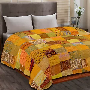 Indian Patchwork Handmade Kantha Vintage Quilt Throw Silk Bedspread Blanket Boho - Picture 1 of 28