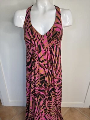 CAbi Tiger Jungle Pink Black Abstract V-Neck Maxi Dress Size M Empire Smocked - Image 1 of 4