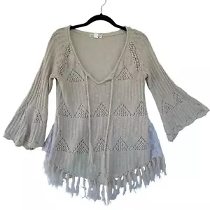 Double Zero Bohemian Cream Knit Pullover Sweater Fringe Floral Lace Bell Sleeve - Picture 1 of 13