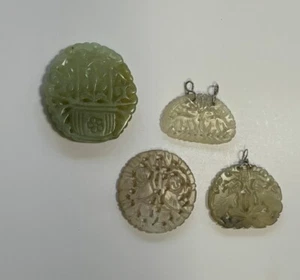 Chinese Carved Jade Pendant Necklace Antique VTG Cats, Deer, People, Flowers - Picture 1 of 10