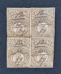 Tasmania Imperf 5/- Brown,Block SGF4 Cat £3200 (CWA47) - Picture 1 of 3