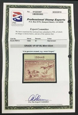 MOMEN: US STAMPS #RW13 DUCK MINT OG NH PSE GRADED CERT VF/XF-85 LOT #74289 - Image 1 of 3