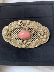VINTAGE SCOTTISH THISTLE BROOCH - PINK CABOCHON STONE, C- CLASP -BRASS OPENWORK - Picture 1 of 8