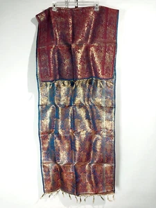 Vintage Asian Heavy Silk Table Runner 70”L x 22"W Gold Fringed Blue Red Gold - Picture 1 of 5