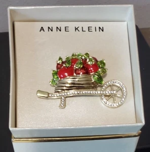 Anne Klein Gold Tone Enamel Clear Crystal Apple Wheelbarrow Pin / Brooch J1 - Picture 1 of 1