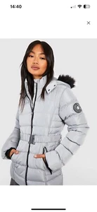 BOOHOO Women's Coat Size 8 10 12 Grey Puffer Parka Padded Belted Faux Fur Hood - Picture 1 of 22