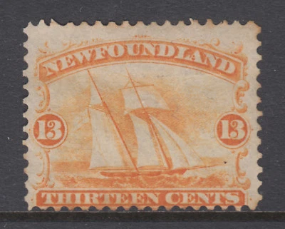 Newfoundland Sc 30 MNG. 1865 13c orange Sailing Ship, toned perfs, fresh color - Image 1 of 2