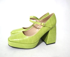NASTY GIRL Size 7 Womens Lime Colour Mary Jane Square Toe Platform Block Heels - Picture 1 of 9